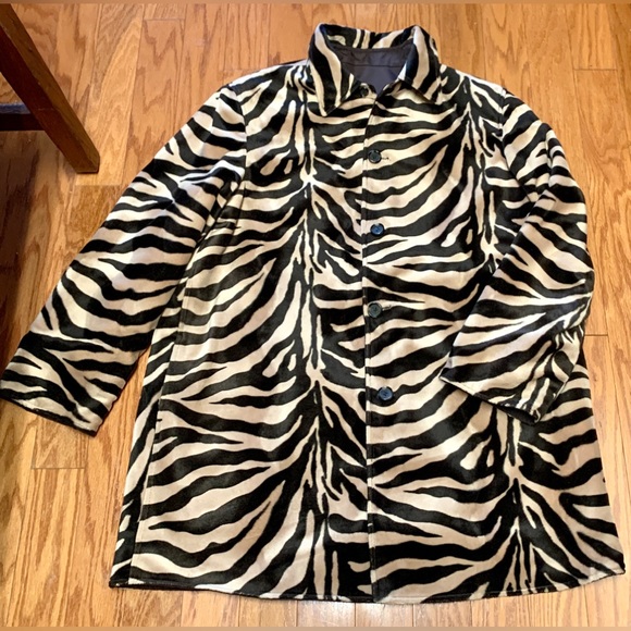 Women’s Large Anne Klein II Reversible Brown Shell/Faux Fur Zebra Stripe Coat - Picture 12 of 16